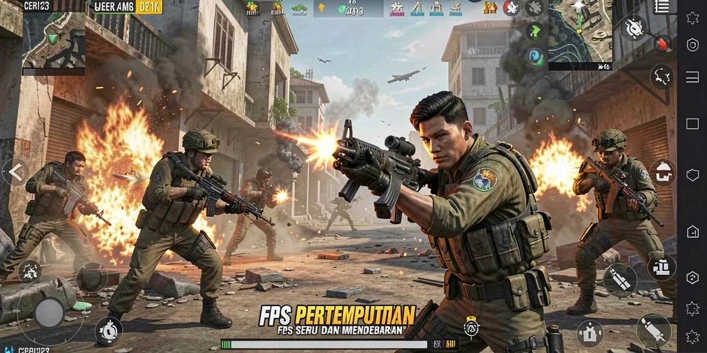 Screenshot gameplay CERI123 menampilkan aksi pertarungan intens dalam game FPS.