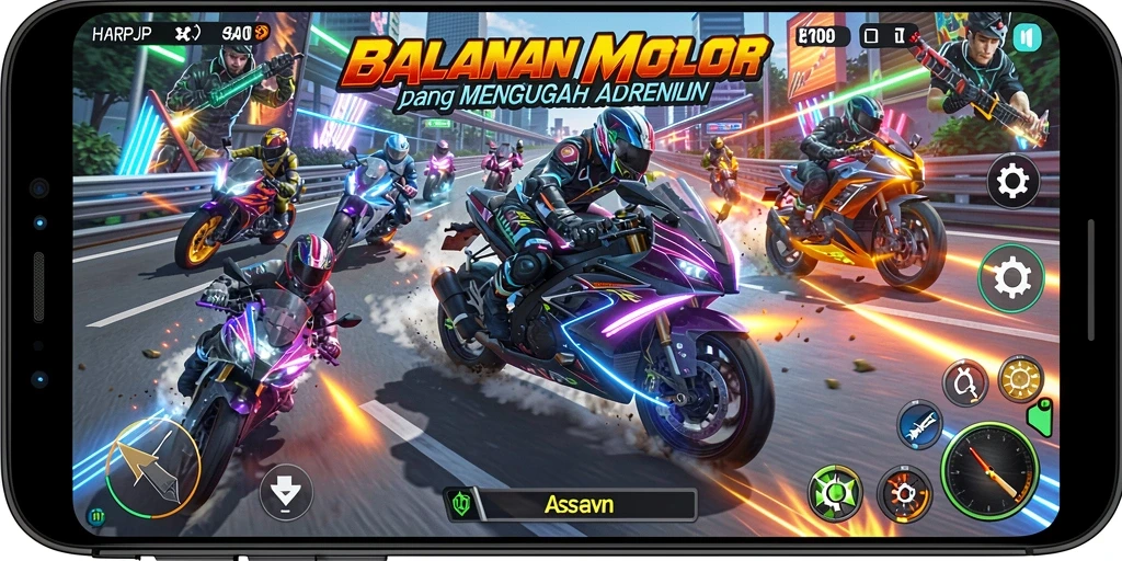Screenshot menunjukkan aksi balapan mendebarkan di HARAPJP.