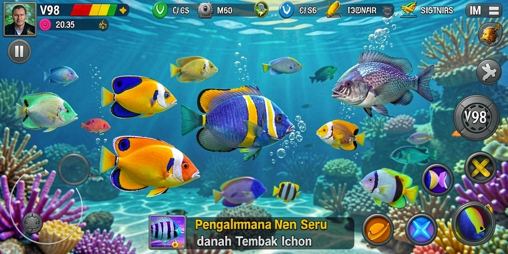 Tampilan gameplay V98 yang penuh warna dan seru.
