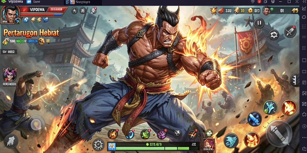 Tampilan gameplay mengesankan dengan karakter petarung yang kuat.